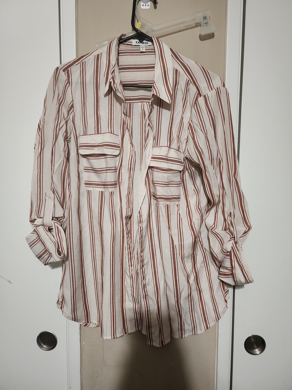 Express Striped Button-Down Shirt in Cream and Brown